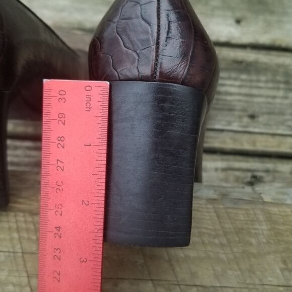 Vintage 90s y2k Brown Leather Croc Embossed Square Toe Chunky Heel Pumps 7 - Picture 8 of 14